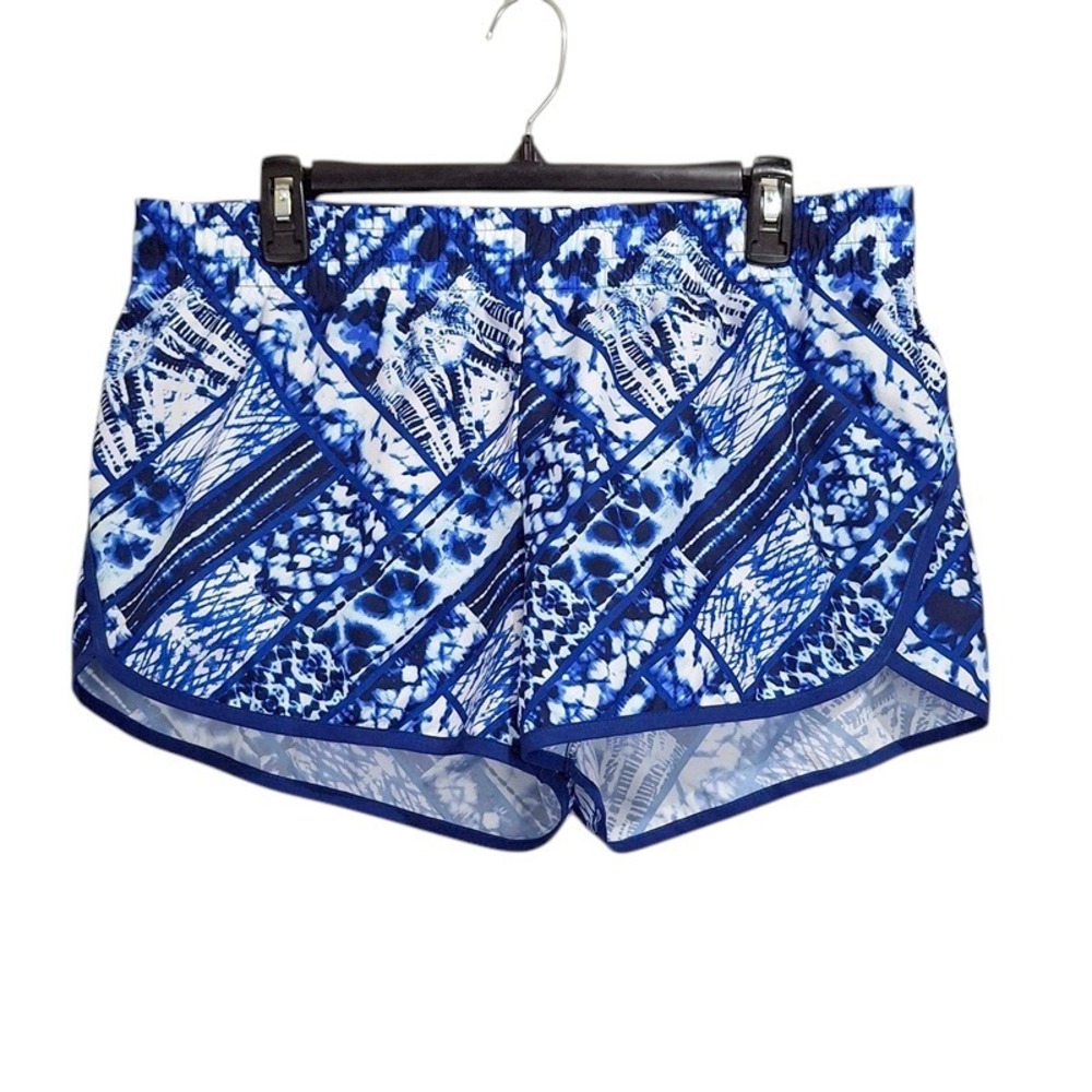Danskin Now Womens Running Shorts L 12-14 Blue Tie Dye Patchwork Lined Athletic